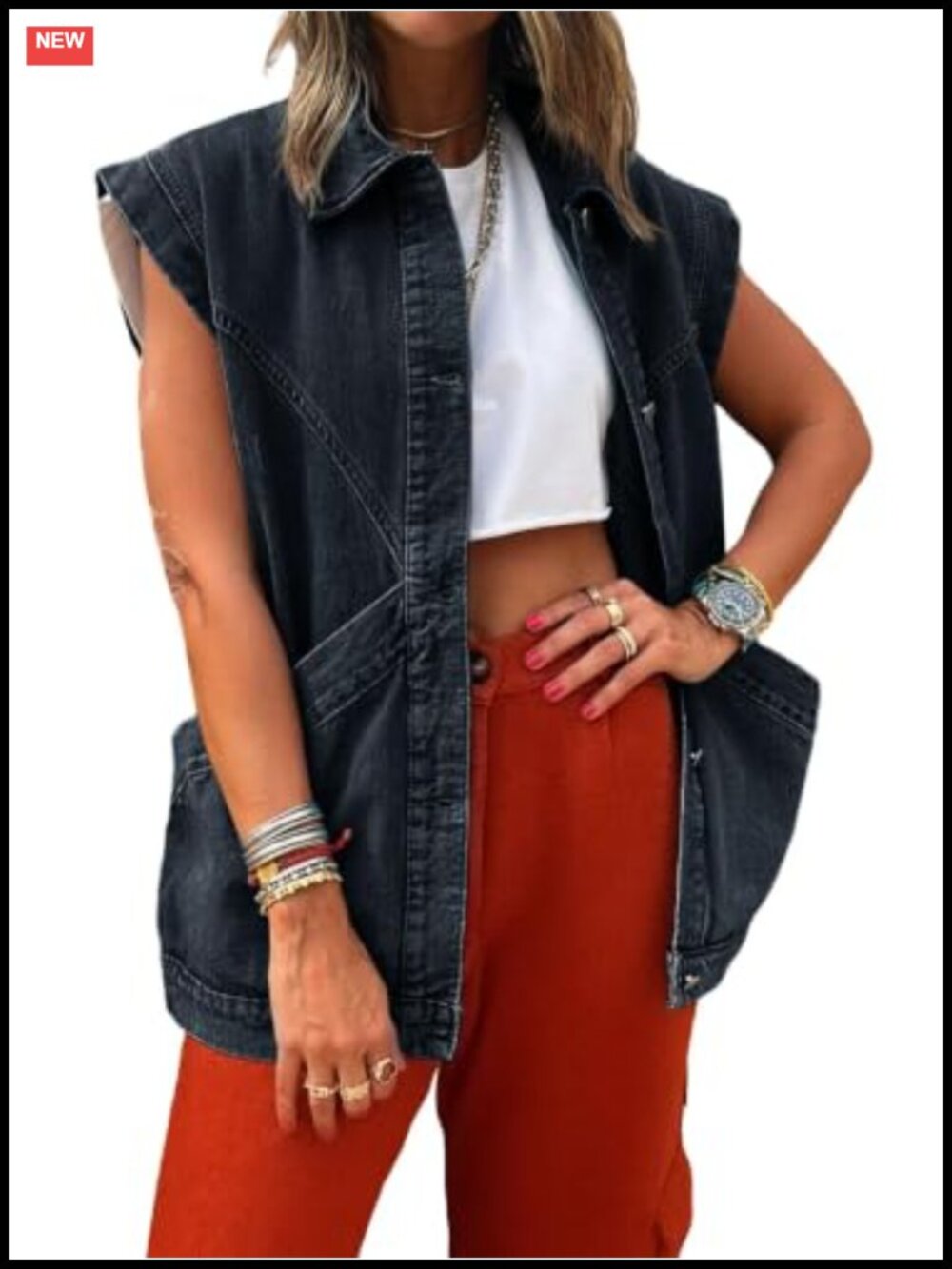 Oversized Denim Vest Sleeveless Button Down Jean Top Casual Western Waistcoat